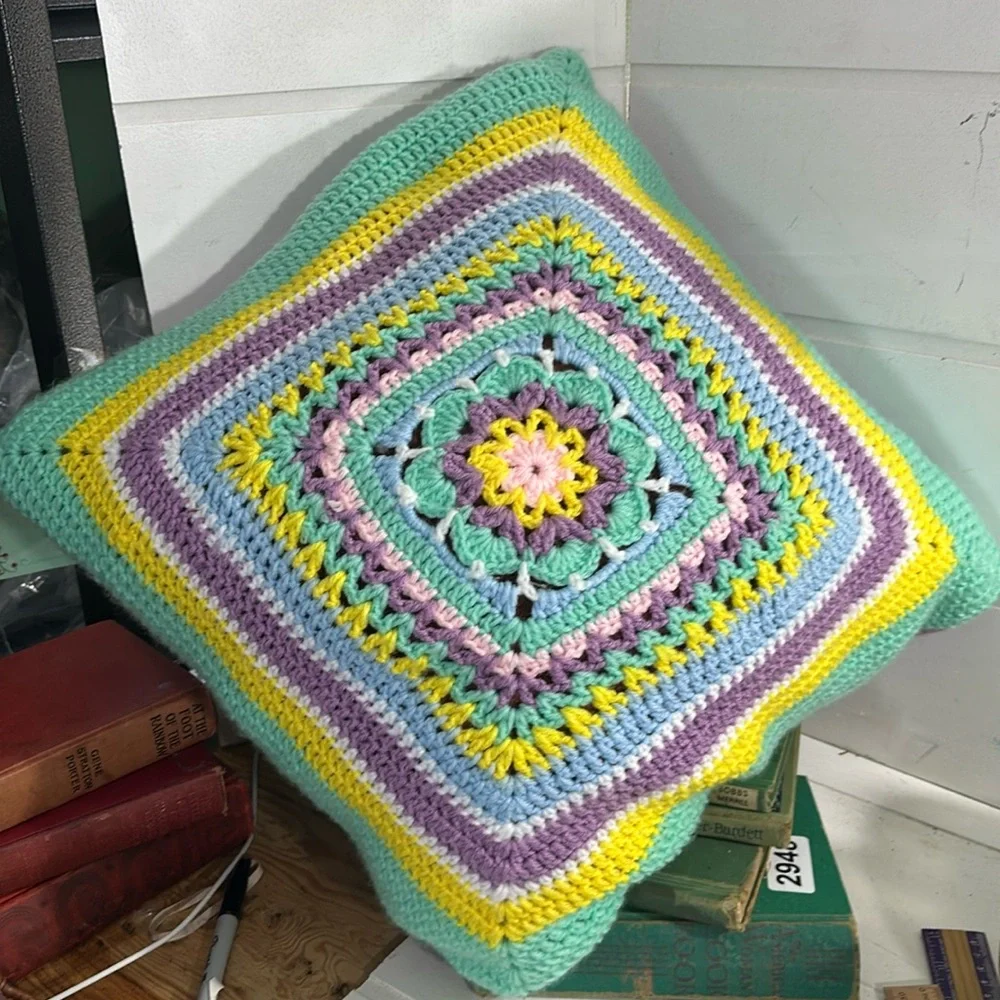 Vintage Handmade Crochet Pillow - bright pastels Gray granny squares/18.5”square